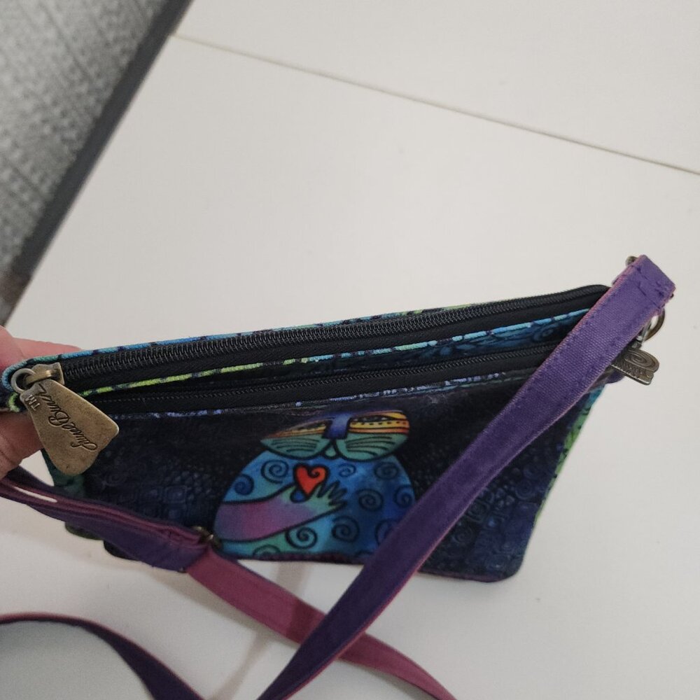 Laurel Burch "Wishing Love Cat" Canvas Crossbody Purse Blue and Green - Picture 7 of 10